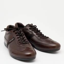 Pre Owned Prada Sport Brown Leather Logo Stripe Low Top Sneakers Size 43.5