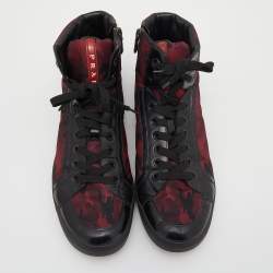 Pre Owned Prada Sport Black/Red Leather And Camo Print Nylon High Top Sneakers Size 42.5