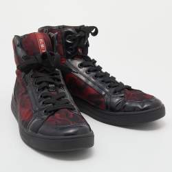 Pre Owned Prada Sport Black/Red Leather And Camo Print Nylon High Top Sneakers Size 42.5