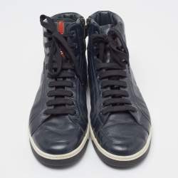 Pre Owned Prada Sport Navy Blue Patent and Leather High-Top Sneakers Size 44.5