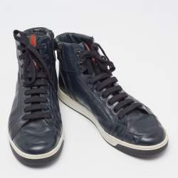 Pre Owned Prada Sport Navy Blue Patent and Leather High-Top Sneakers Size 44.5