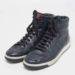 Pre Owned Prada Sport Navy Blue Patent and Leather High-Top Sneakers Size 44.5
