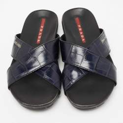 Pre Owned Prada Sport Navy Blue Croc Embossed Leather Flat Slide Sandals Size 39.5
