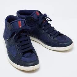 Pre Owned Prada Sport Navy Blue Nylon And Leather Mid Top Sneakers Size 43.5