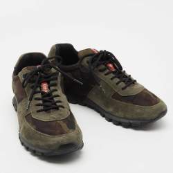 Pre Owned Prada Sport Army Green Suede and Camo Print Nylon Low Top Sneakers Size 40