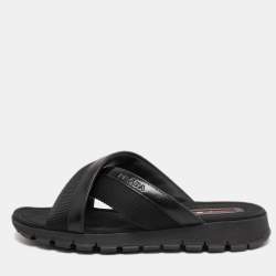 Prada Sport Black Leather and Canvas Crisscross Slides Size 41.5 