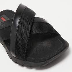 Prada Sport Black Leather and Canvas Crisscross Slides Size 41.5 