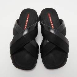 Prada Sport Black Leather and Canvas Crisscross Slides Size 41.5 