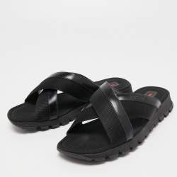 Prada Sport Black Leather and Canvas Crisscross Slides Size 41.5 