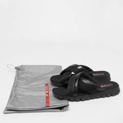 Prada Sport Black Leather and Canvas Crisscross Slides Size 41.5 