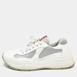 Prada Sport White/Grey Patent Leather and Mesh Low Top Sneakers Size 41.5