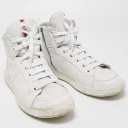 Pre Owned Prada Sport White Leather Lace Up High Top Sneakers Size 43
