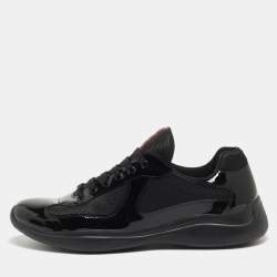 Pre Owned Prada Black Mesh And Patent Leather Carrie Lace Up Sneakers Size 47