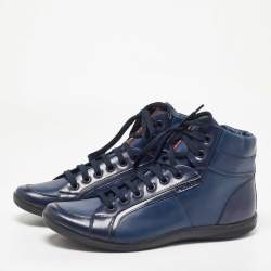 Pre Owned Prada Navy Blue Leather Trainers High Top Sneakers Size 44