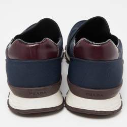 Pre Owned Prada Sport Navy Blue/Brown Nylon and Leather Slip On Sneakers Size 44