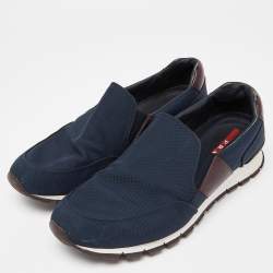 Pre Owned Prada Sport Navy Blue/Brown Nylon and Leather Slip On Sneakers Size 44