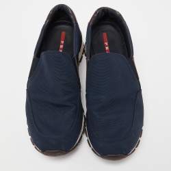 Pre Owned Prada Sport Navy Blue/Brown Nylon and Leather Slip On Sneakers Size 44