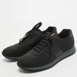 Prada Sport Black Canvas and Leather Low Top Sneakers Size 44