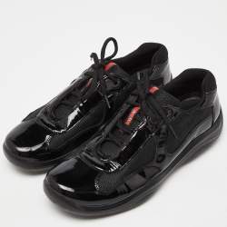 Prada Sport Black Mesh and Patent Leather Lace Up Low Top Sneakers Size 42