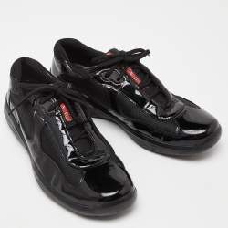 Prada Sport Black Mesh and Patent Leather Lace Up Low Top Sneakers Size 42