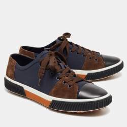 Prada Sport Navy Blue/Brown Canvas and Suede Low Top Sneakers Size 43