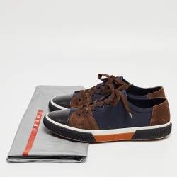 Prada Sport Navy Blue/Brown Canvas and Suede Low Top Sneakers Size 43