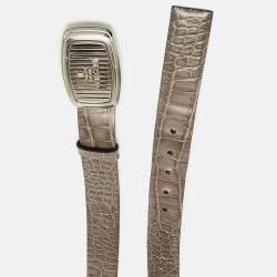 Prada Grey Crocodile Logo Plague Oval Belt  