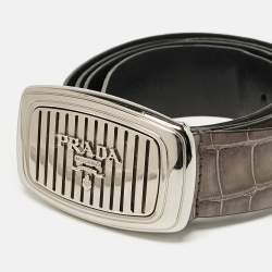 Prada Grey Crocodile Logo Plague Oval Belt  