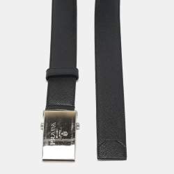 Prada Black Leather Logo Plague Buckle Belt 95CM