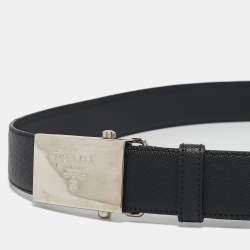 Prada Black Leather Logo Plague Buckle Belt 95CM