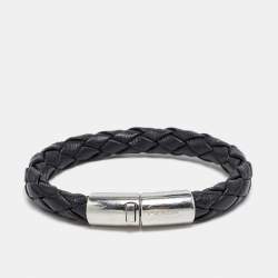 Prada Braided Leather Silver Tone Bracelet