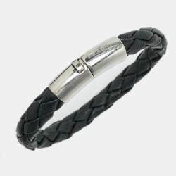 Prada Braided Leather Silver Tone Bracelet