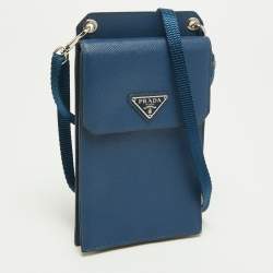 Pre Owned Prada Navy Blue Saffiano Lux Leather Phone Holder Crossbody Bag