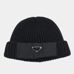 Pre Owned Prada Re-Nylon Black Gabardine and Wool Logo Detail Beanie L