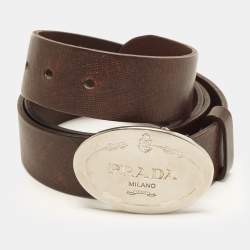 Pre Owned Prada Oval Plaque 95 CM Buckle Belt Brown Saffiano Leather