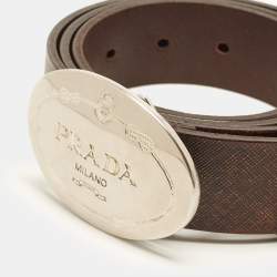 Pre Owned Prada Oval Plaque 95 CM Buckle Belt Brown Saffiano Leather