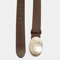 Pre Owned Prada Oval Plaque 95 CM Buckle Belt Brown Saffiano Leather