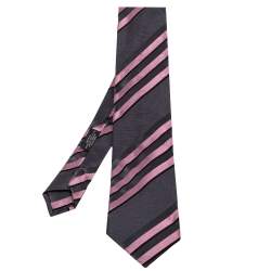 Prada Grey & Pink Diagonal Striped Silk Tie 