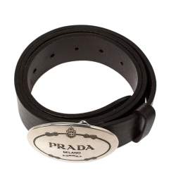 Prada Brown Leather Engraved Oval Plaque Buckle Belt 90CM