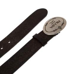 Prada Brown Leather Engraved Oval Plaque Buckle Belt 90CM