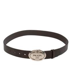 Prada Brown Leather Engraved Oval Plaque Buckle Belt 90CM