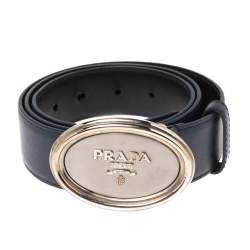 Pre Owned Prada Navy Blue Saffiano Leather Oval Plaque Buckle Belt 90CM