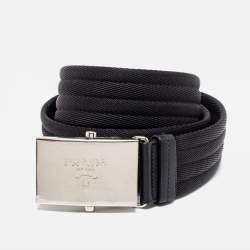 Pre Owned Prada Black Nylon and Leather Logo Plague Buckle Belt 95 CM