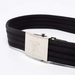 Pre Owned Prada Black Nylon and Leather Logo Plague Buckle Belt 95 CM