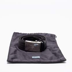 Pre Owned Prada Black Nylon and Leather Logo Plague Buckle Belt 95 CM