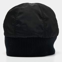 Prada Black Nylon Rib Knit Detail Beanie XL