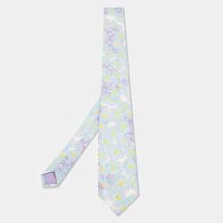 Prada Blue Floral Printed Silk Tie