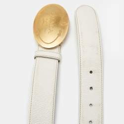 Prada White Leather Engraved Oval Plaque Buckle Belt 90CM