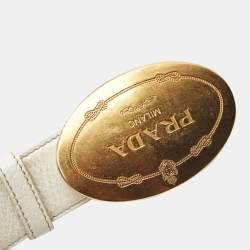 Prada White Leather Engraved Oval Plaque Buckle Belt 90CM