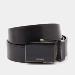 Pre Owned Prada Black Leather Logo Plague Buckle Belt 80CM